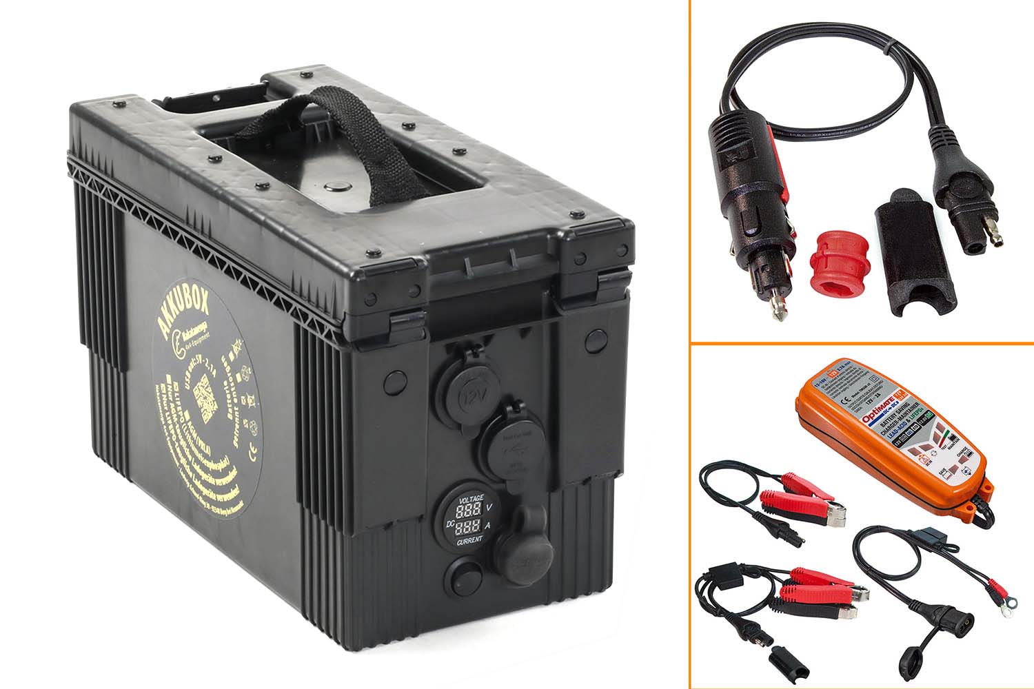 Akkubox mit AGM oder LiFePo Batterie, verschiedene Anschlüsse inkl. Ladegerät TM500 und Adapter, schwarz Akkubox mit AGM oder LiFePo Batterie, verschiedene Anschlüsse inkl. Ladegerät TM500 und Adapter, schwarz